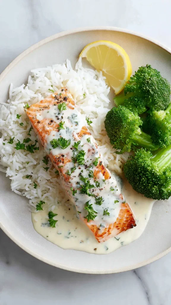 Creamy Garlic Salmon with Rice and Broccoli - Pan-seared salmon fillet with creamy garlic sauce, white rice, and steamed broccoli on white plate