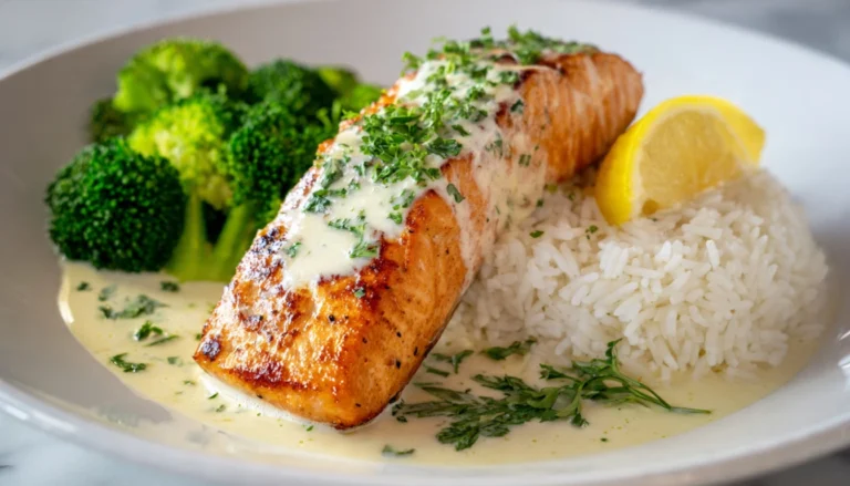 Creamy Garlic Salmon with Rice and Broccoli - Pan-seared salmon fillet with creamy garlic sauce, white rice, and steamed broccoli on white plate