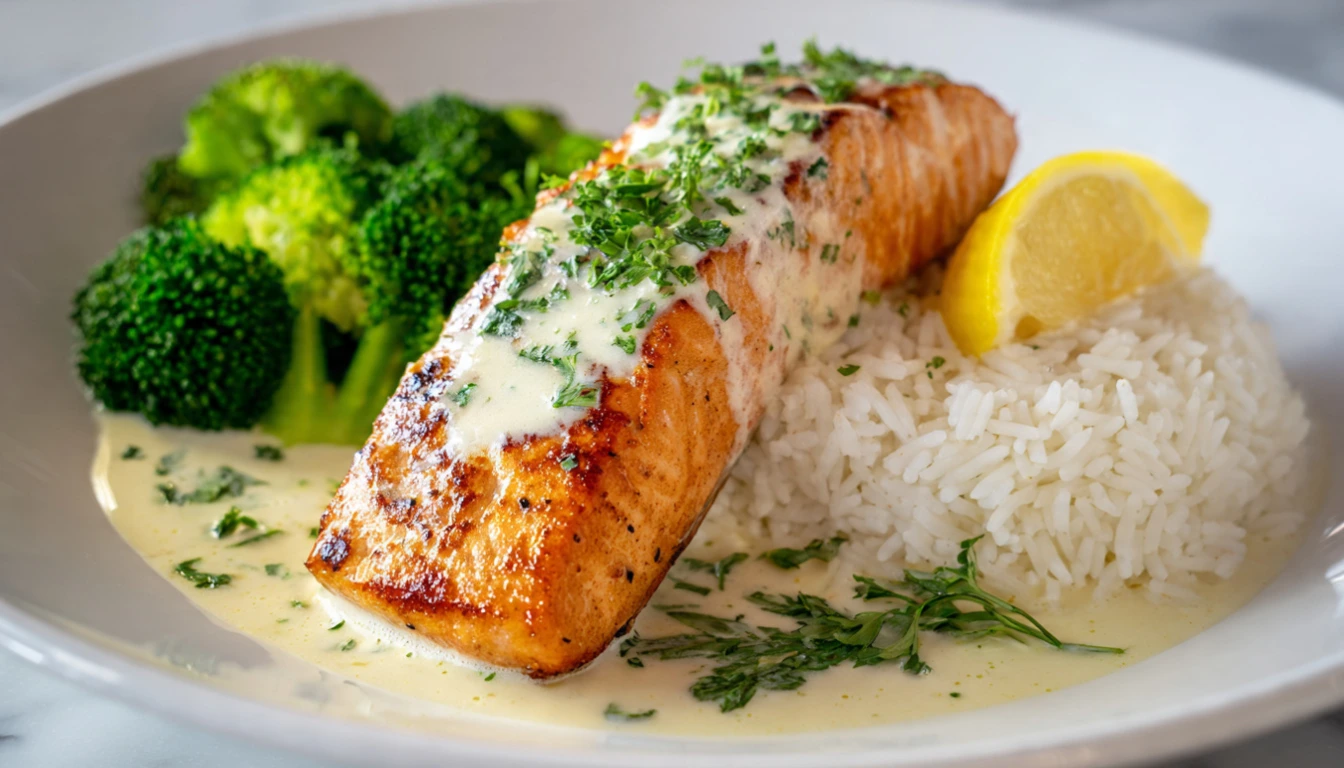 Creamy Garlic Salmon with Rice and Broccoli - Pan-seared salmon fillet with creamy garlic sauce, white rice, and steamed broccoli on white plate
