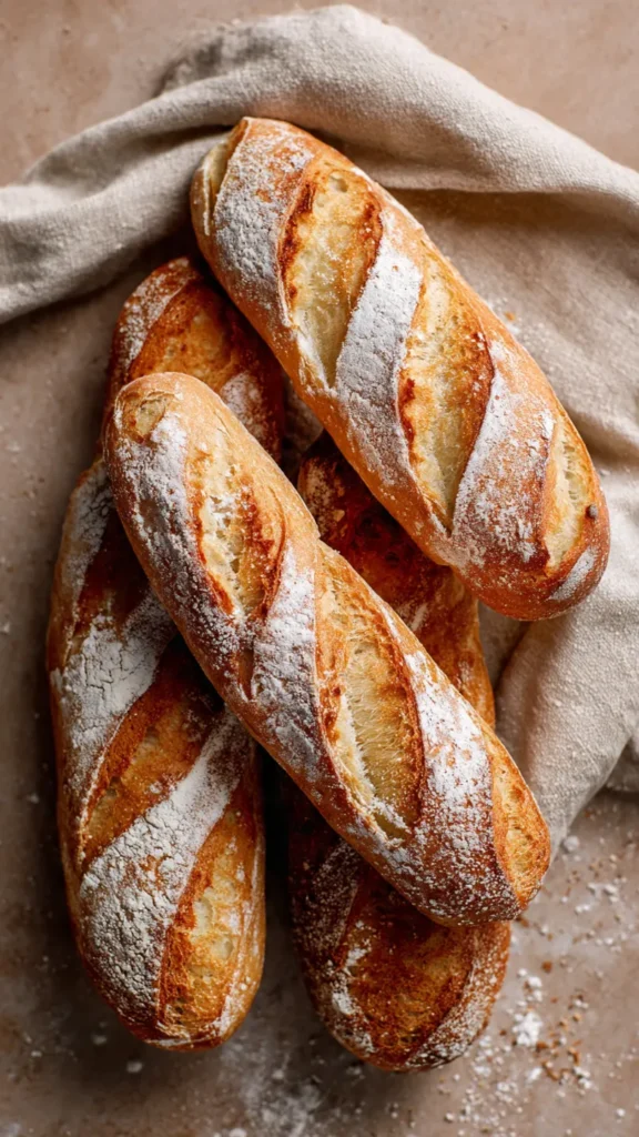 Three homemade crusty mini baguettes on a wooden cutting board with one sliced open showing the soft airy interior