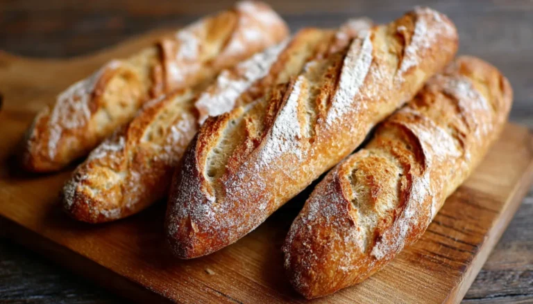 Three homemade crusty mini baguettes on a wooden cutting board with one sliced open showing the soft airy interior