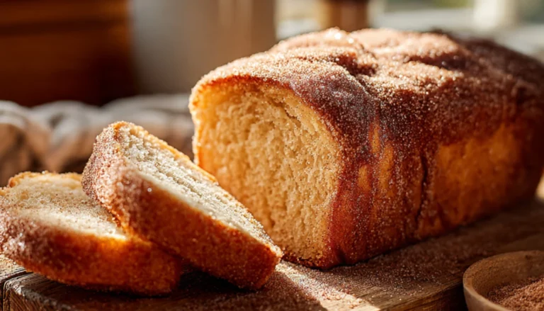 Easy cinnamon donut bread loaf coated in cinnamon sugar with two slices showing soft interior