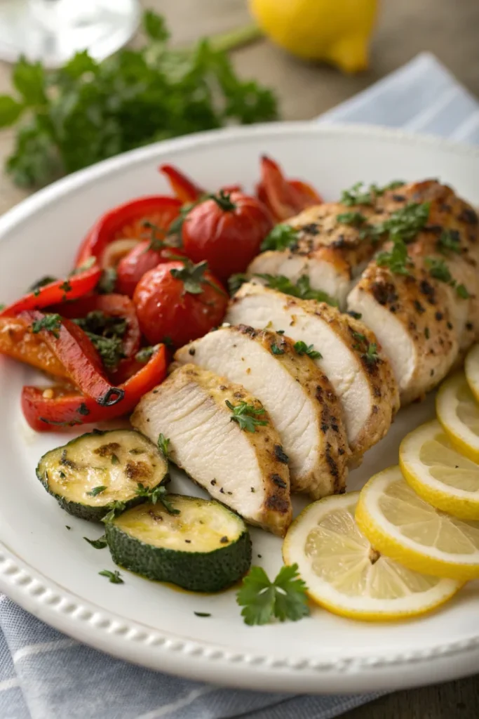 Sliced lemon herb chicken breast with roasted zucchini, bell peppers, and cherry tomatoes on a white plate