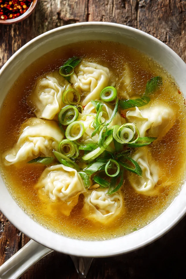 A bowl of homemade wonton soup with plump pork wontons in golden chicken broth topped with fresh scallions