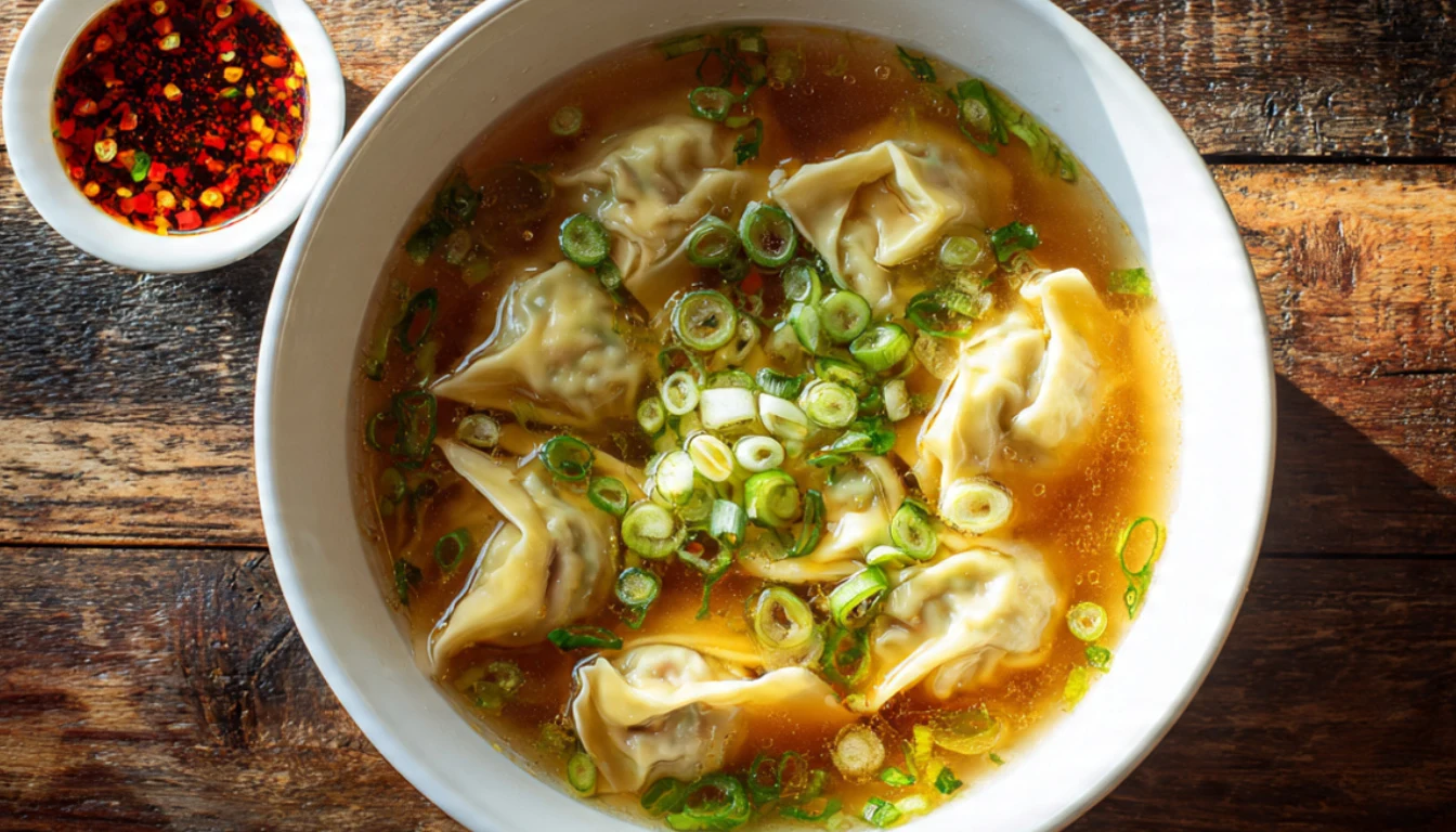 A bowl of homemade wonton soup with plump pork wontons in golden chicken broth topped with fresh scallions