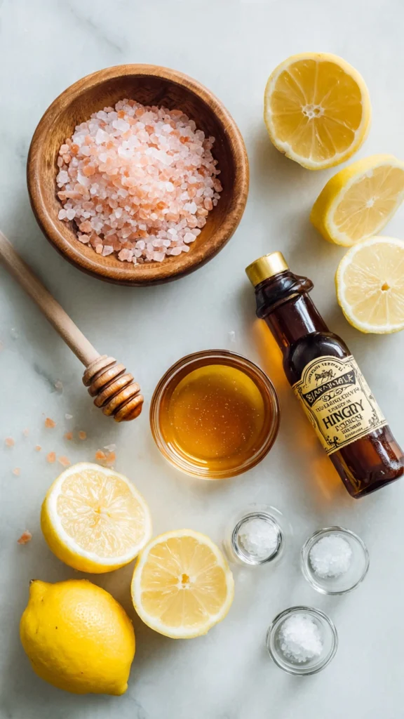 Ingredients for homemade electrolyte drink including pink Himalayan salt, apple cider vinegar, honey, and lemon