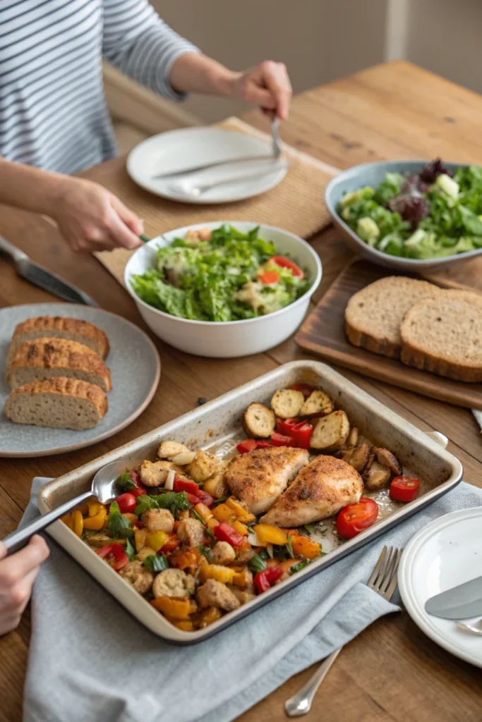 Family sharing a healthy low-calorie sheet pan chicken dinner with roasted vegetables at home