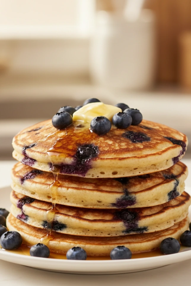 Golden stack of homemade blueberry buttermilk pancakes topped with melted butter and drizzled with maple syrup, showing the light fluffy texture