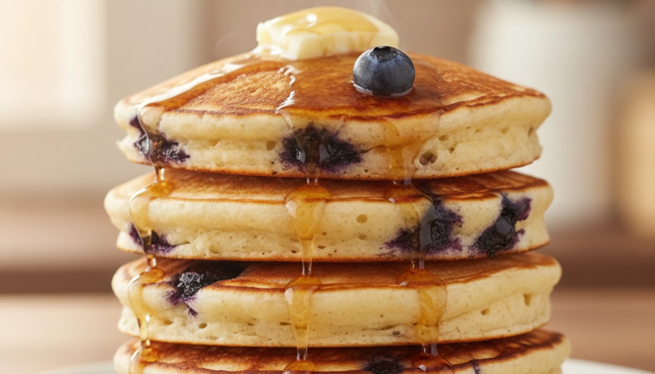 Stack of fluffy blueberry pancakes with melted butter and maple syrup on white plate