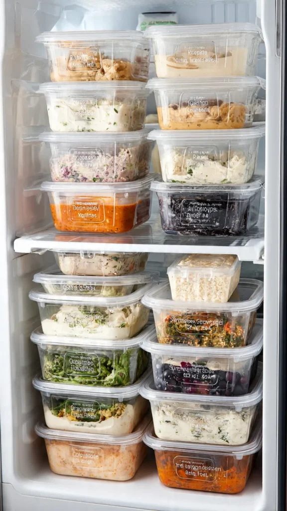 Organized freezer with labeled low-calorie meal prep containers including soups and portioned proteins