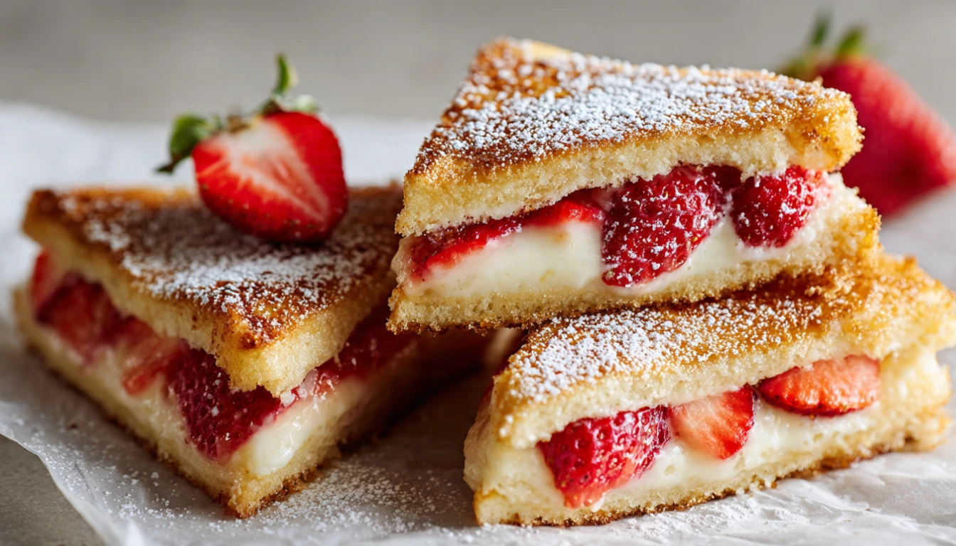 Fried strawberry cheesecake sandwiches sliced diagonally on a white plate showing creamy pink filling with powdered sugar dusting