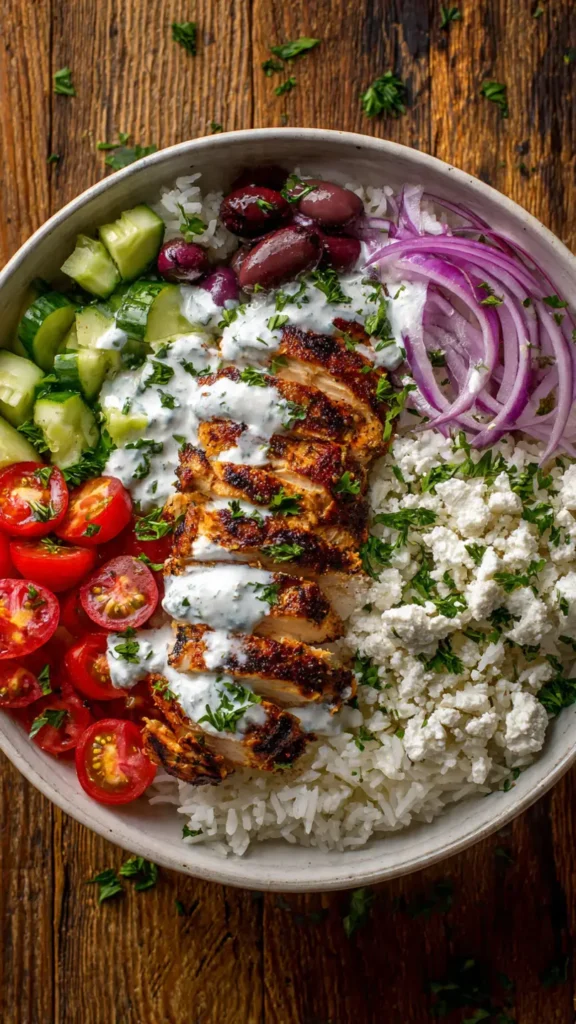Greek chicken power bowl with sliced grilled chicken, cucumber, tomatoes, feta cheese, olives, and tzatziki sauce over rice