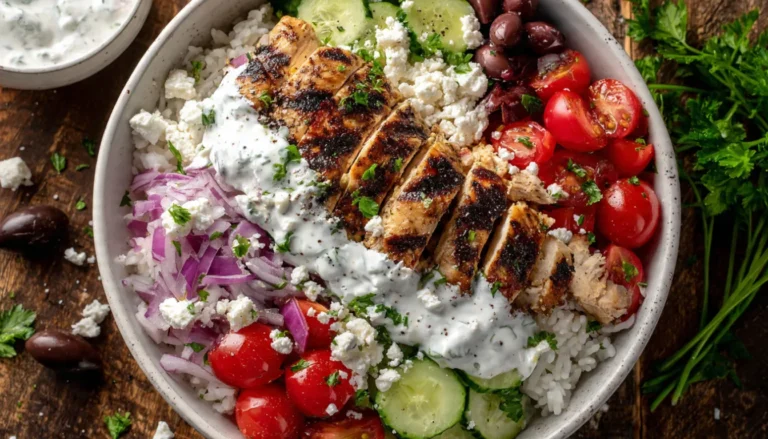 Greek chicken power bowl with sliced grilled chicken, cucumber, tomatoes, feta cheese, olives, and tzatziki sauce over rice