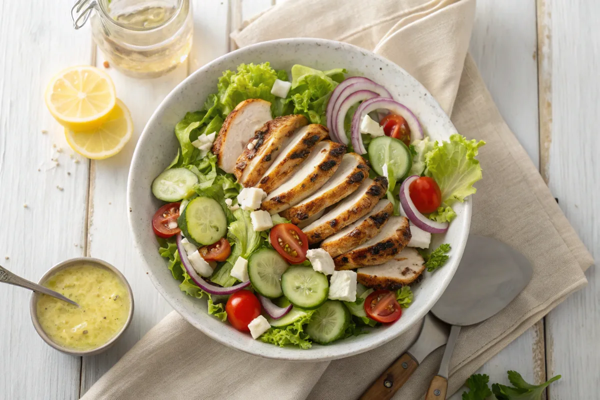 Grilled chicken salad with lemon dressing in a white bowl featuring sliced chicken breast, romaine lettuce, cherry tomatoes, cucumber, red onion, and feta cheese