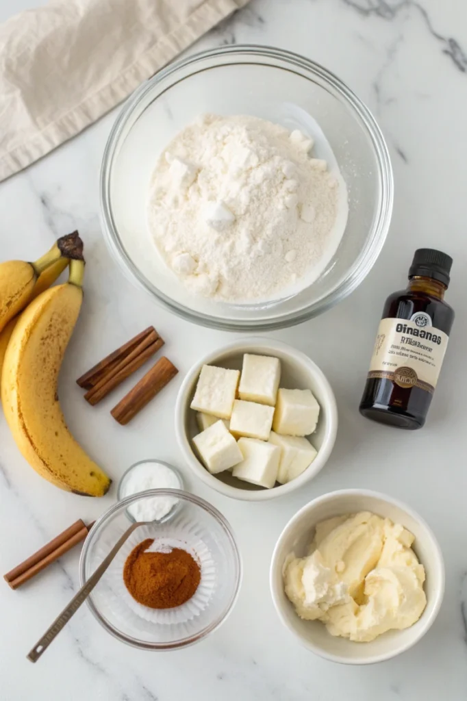 Ingredients for high protein sugar-free monkey bread laid out on marble including Greek yogurt, flour, protein powder, and monk fruit sweetener