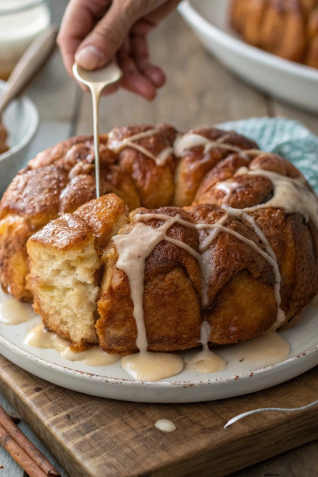 High protein sugar-free monkey bread on a white plate with cream cheese glaze drizzled on top