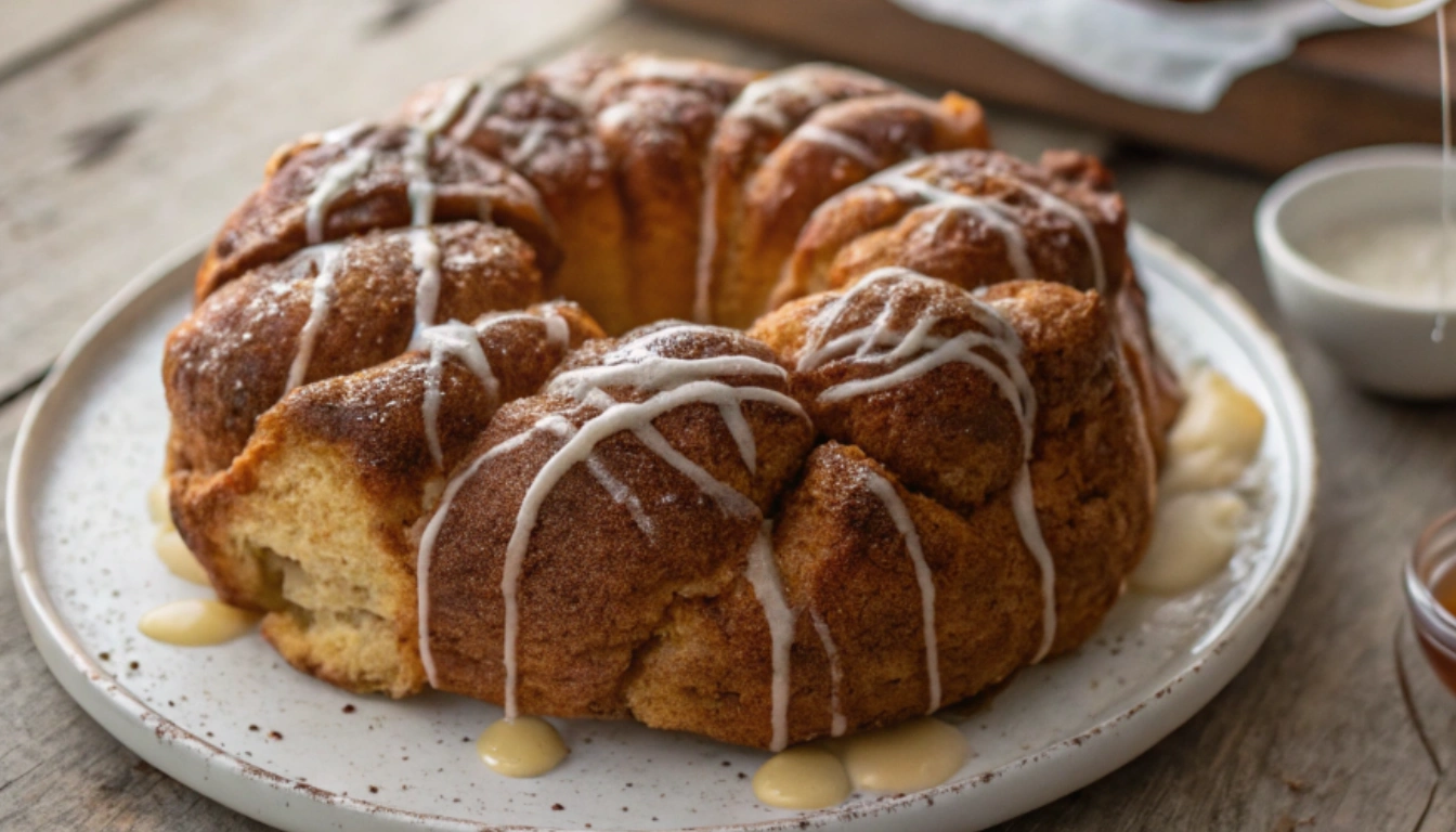 High protein sugar-free monkey bread on a white plate with cream cheese glaze drizzled on top