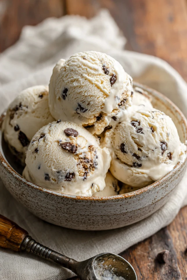 Scoops of homemade chocolate chip cookie dough ice cream in a ceramic bowl showing cookie dough pieces