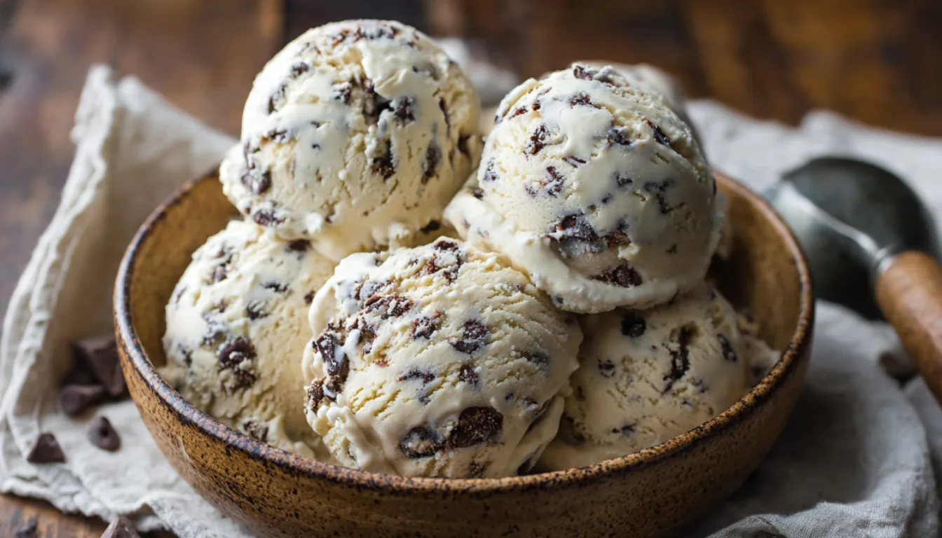 Scoops of homemade chocolate chip cookie dough ice cream in a ceramic bowl showing cookie dough pieces