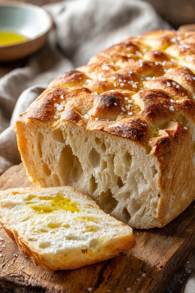 Golden brown homemade panini bread loaf with crusty exterior and soft airy interior on wooden cutting board