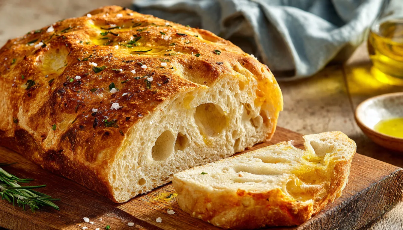 Golden brown homemade panini bread loaf with crusty exterior and soft airy interior on wooden cutting board