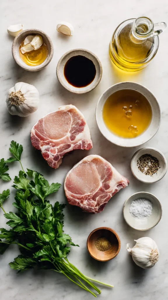 Flat lay of raw pork chops, honey, garlic, soy sauce, and Dijon mustard on marble surface