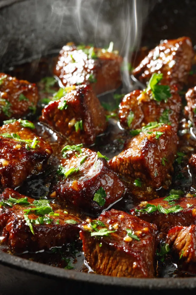 Honey garlic steak bites in a cast iron skillet with sticky sauce and parsley