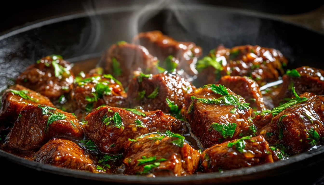 Honey garlic steak bites in a cast iron skillet with sticky sauce and parsley
