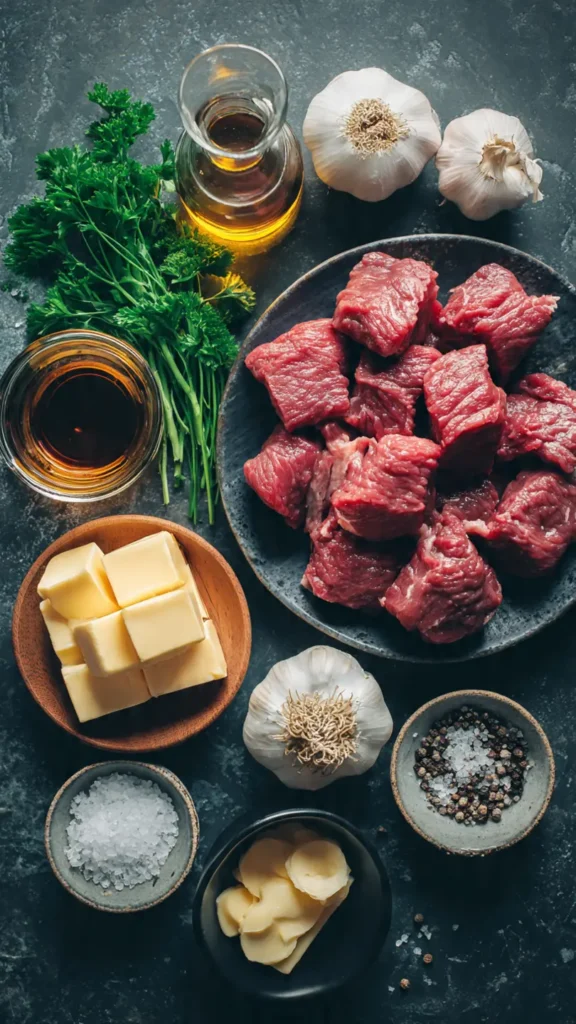 Raw ingredients for honey garlic steak bites including sirloin, garlic, honey and soy sauce