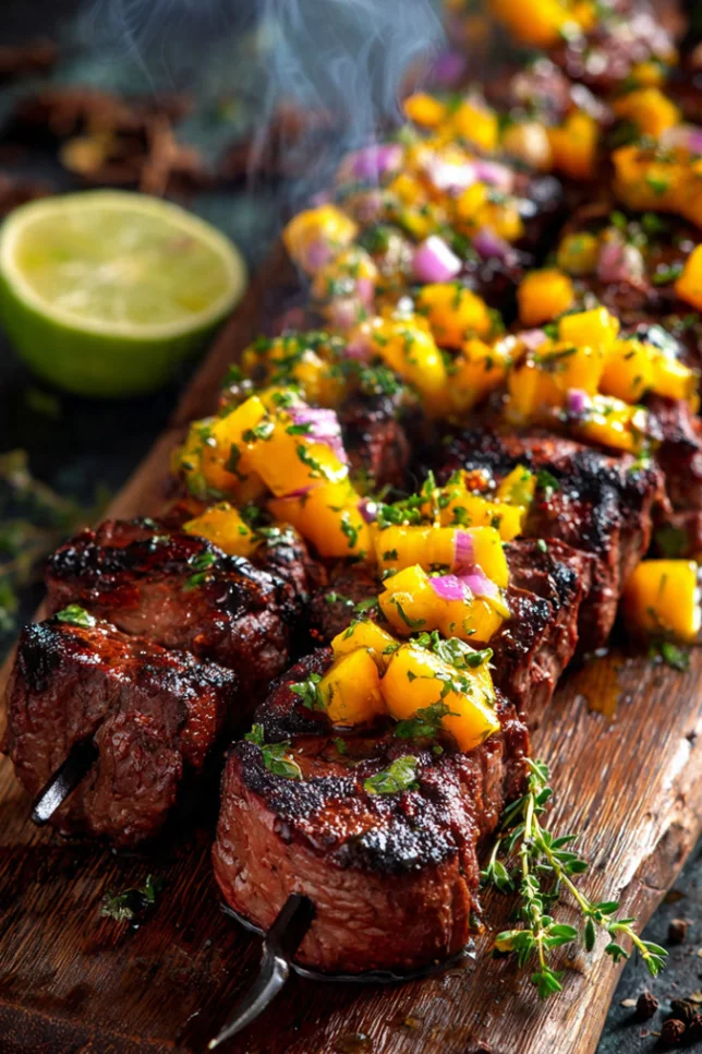 Jamaican jerk beef skewers with mango salsa on a wooden board with lime and fresh thyme