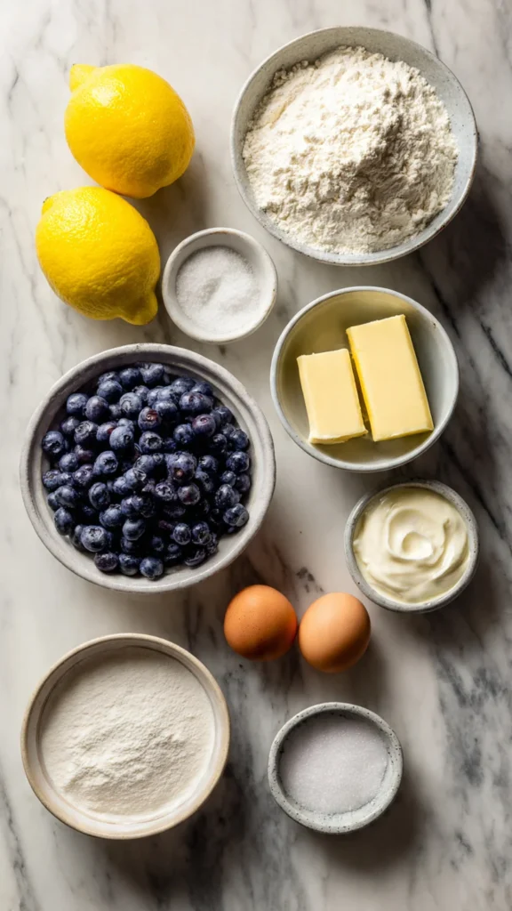 Ingredients for lemon blueberry pound cake including fresh blueberries, lemons, butter, eggs, flour, and sour cream