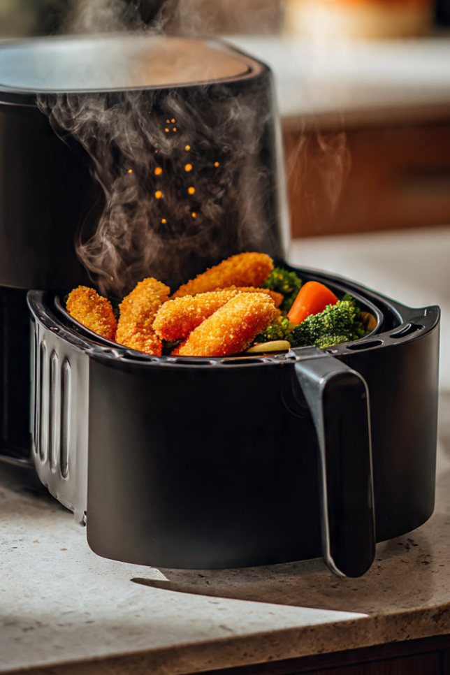 Air fryer with crispy chicken tenders and vegetables, demonstrating healthy low-calorie cooking without oil