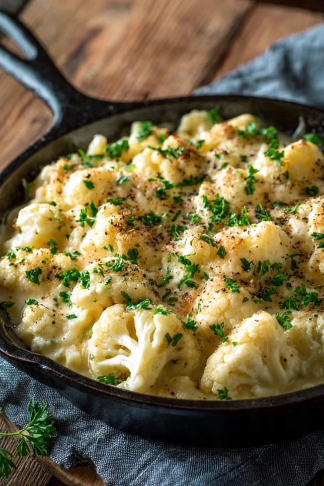 Creamy cauliflower mac and cheese in cast iron skillet, a healthier low-calorie comfort food alternative