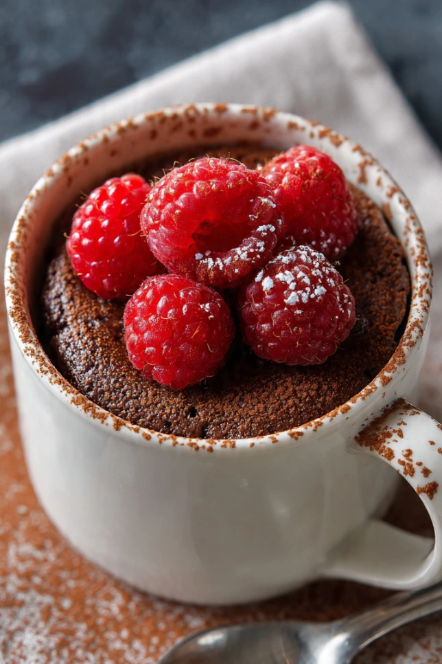 Chocolate mug cake topped with fresh raspberries, a guilt-free low-calorie dessert under 150 calories