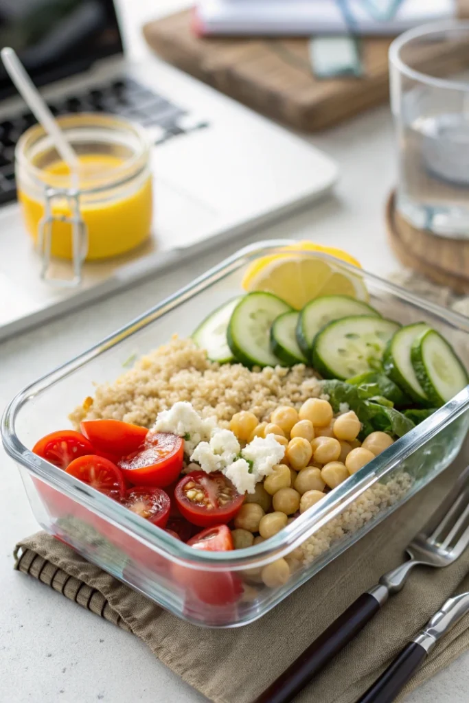 Healthy grain bowl in glass container with quinoa, chickpeas, and fresh vegetables, ideal low-calorie lunch for work