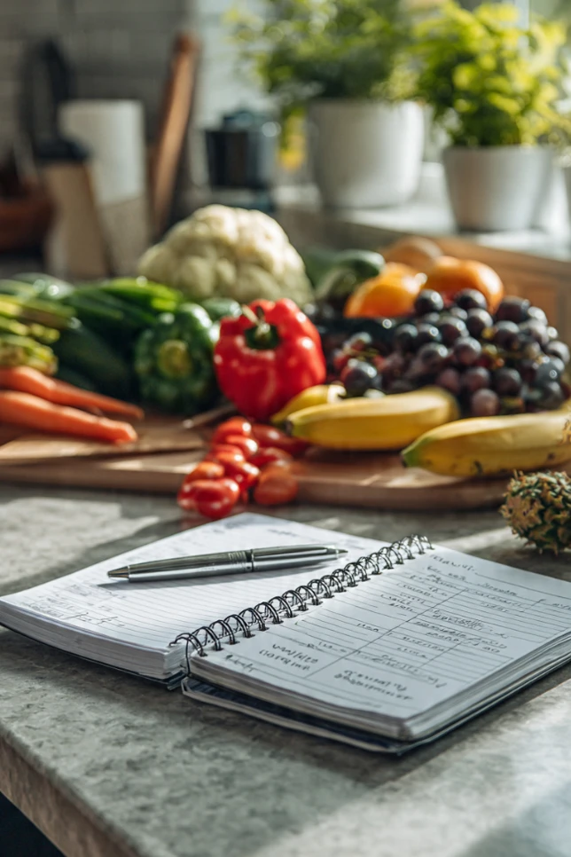 Weekly meal planning setup with notebook, grocery list, and fresh produce for organized low-calorie eating
