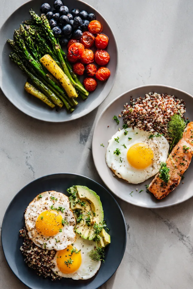 Three balanced low-calorie plates showing proper portion sizes for breakfast, lunch, and dinner meals
