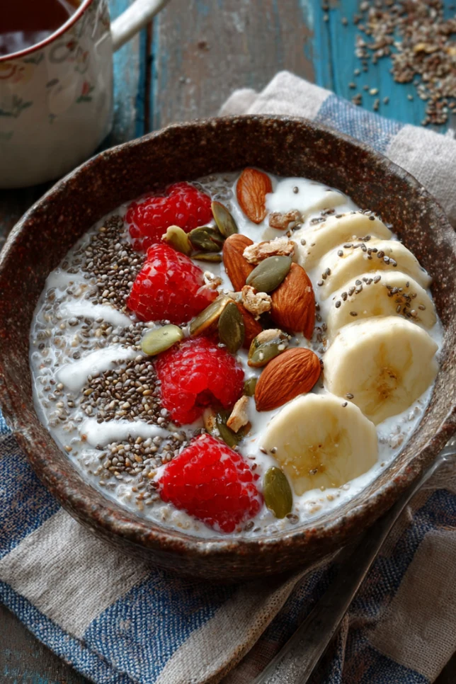 Mason jar filled with creamy overnight oats topped with fresh berries and almonds, a quick low-calorie breakfast idea
