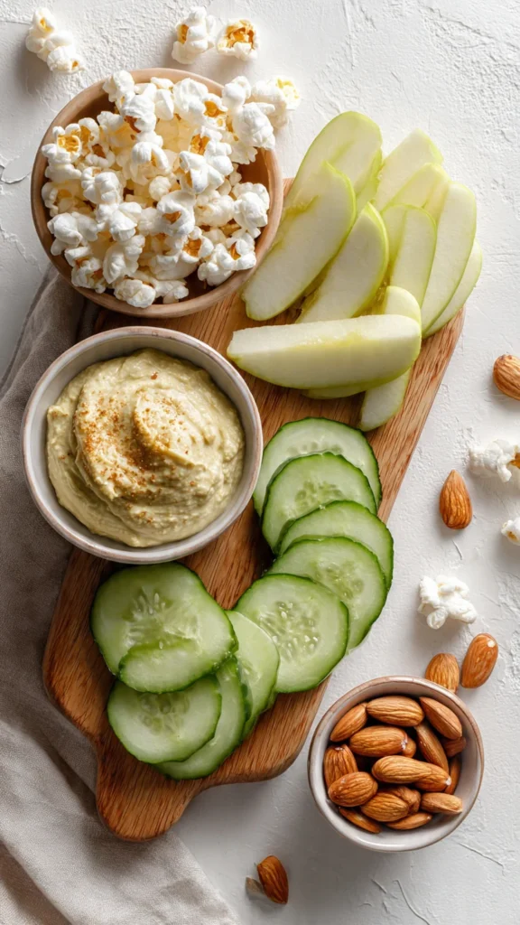 Assortment of healthy low-calorie snacks including cucumber with hummus, apple slices, popcorn, and almonds