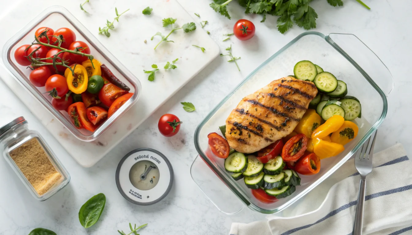 Healthy low-calorie meal prep with grilled chicken breast and colorful roasted vegetables in glass containers on a white countertop
