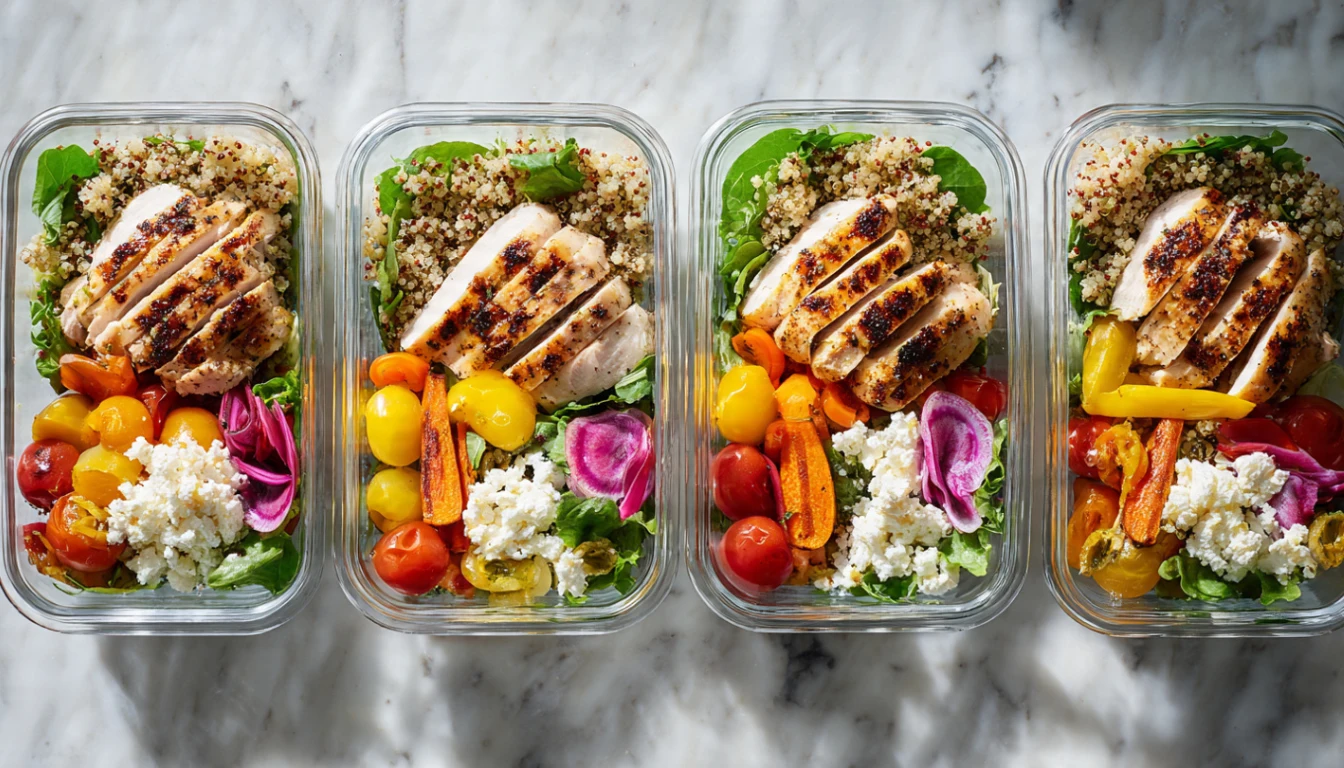 Colorful low-calorie meal prep containers with grilled chicken, roasted vegetables, and fresh salads for weight loss