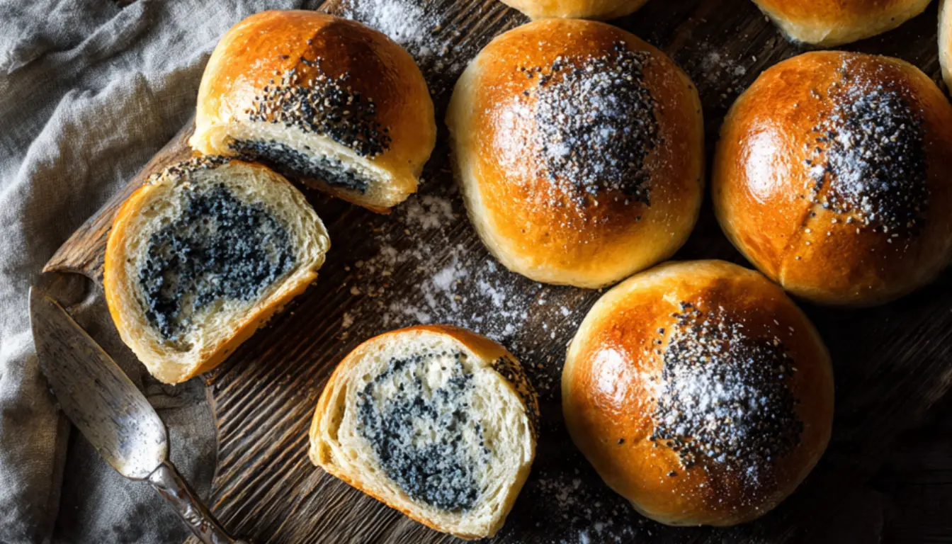 Freshly baked poppy seed buns with golden brown tops arranged on wooden board, one sliced open showing dark poppy seed filling inside