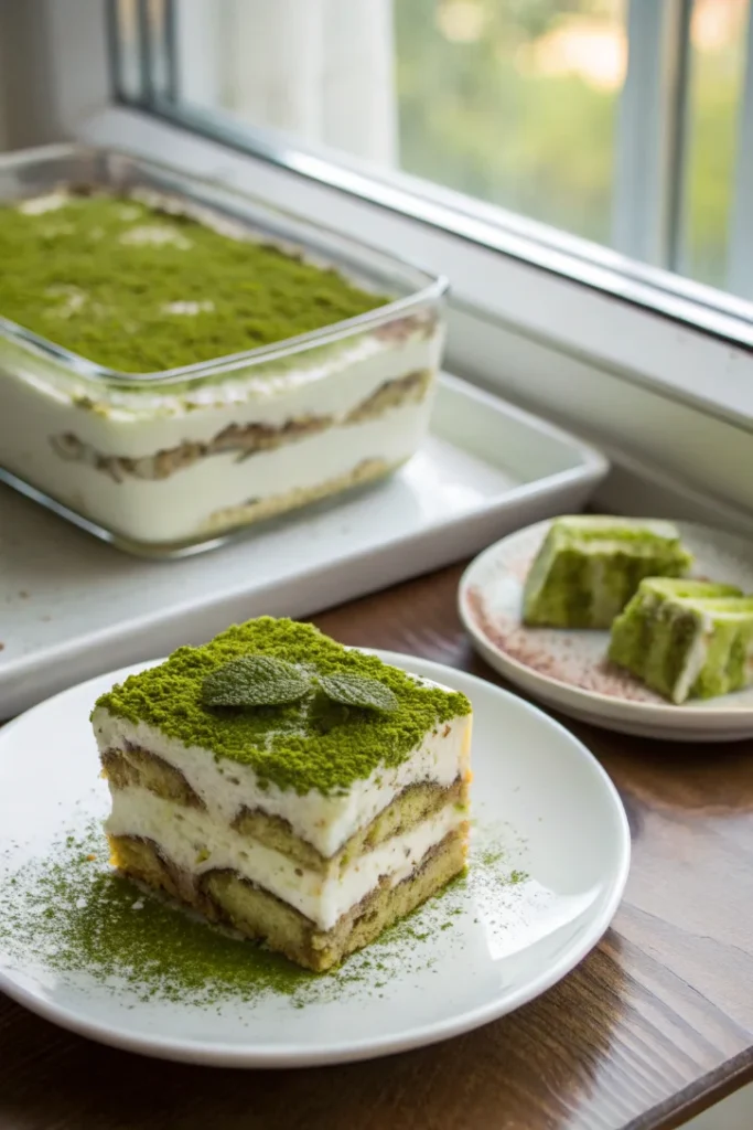 Layered matcha tiramisu in glass dish showing green mascarpone cream and ladyfinger layers with matcha powder dusted on top