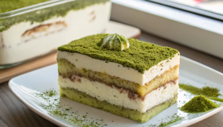 matcha-tiramisu-recipe-no-bake-japanese-dessert Layered matcha tiramisu in glass dish showing green mascarpone cream and ladyfinger layers with matcha powder dusted on top