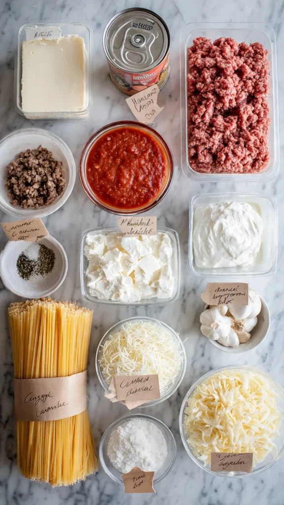 All ingredients for million dollar lasagna laid out on a white marble surface including cream cheese, sour cream, ricotta, ground beef, Italian sausage, marinara, mozzarella, and lasagna noodles