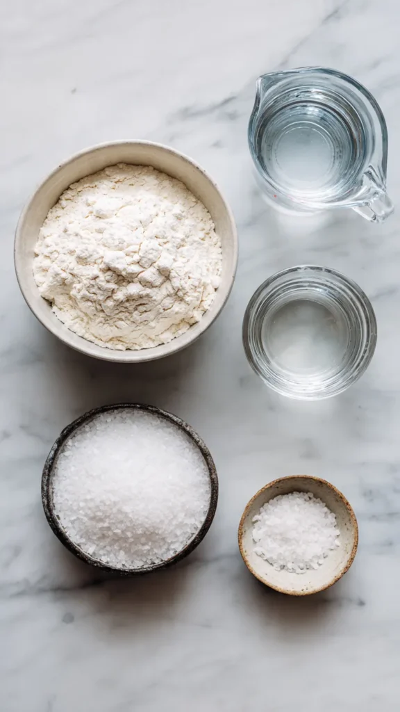 Simple bread ingredients including bread flour, water, instant yeast, and salt arranged on marble surface