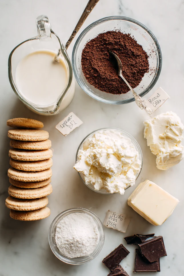 Ingredients for no-bake chocolate cream biscuit dessert: digestive biscuits, cocoa powder, heavy cream, powdered sugar, cream cheese, and vanilla
