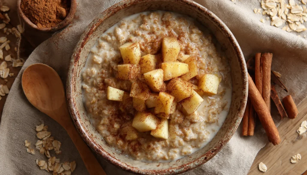 A warm bowl of creamy oatmeal topped with soft diced apples and cinnamon, served in a rustic ceramic bowl with a wooden spoon