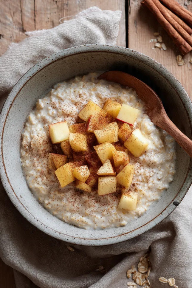 A warm bowl of creamy oatmeal topped with soft diced apples and cinnamon, served in a rustic ceramic bowl with a wooden spoon