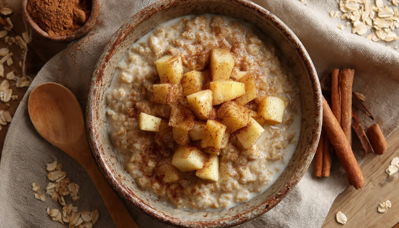 A warm bowl of creamy oatmeal topped with soft diced apples and cinnamon, served in a rustic ceramic bowl with a wooden spoon